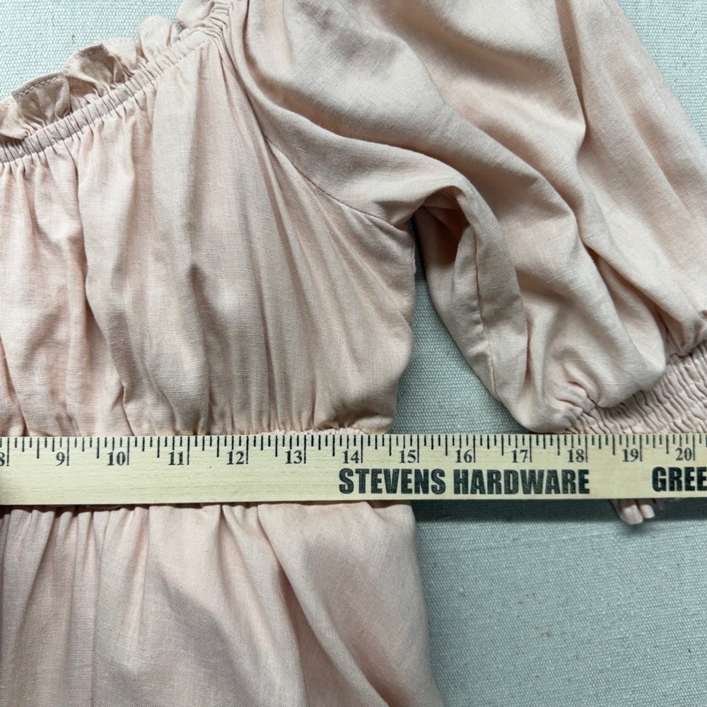 Pink Linen Blend Puff Sleeve Mini Dress OpenBack L Cottagecore Coquette Babydoll - Picture 10 of 13
